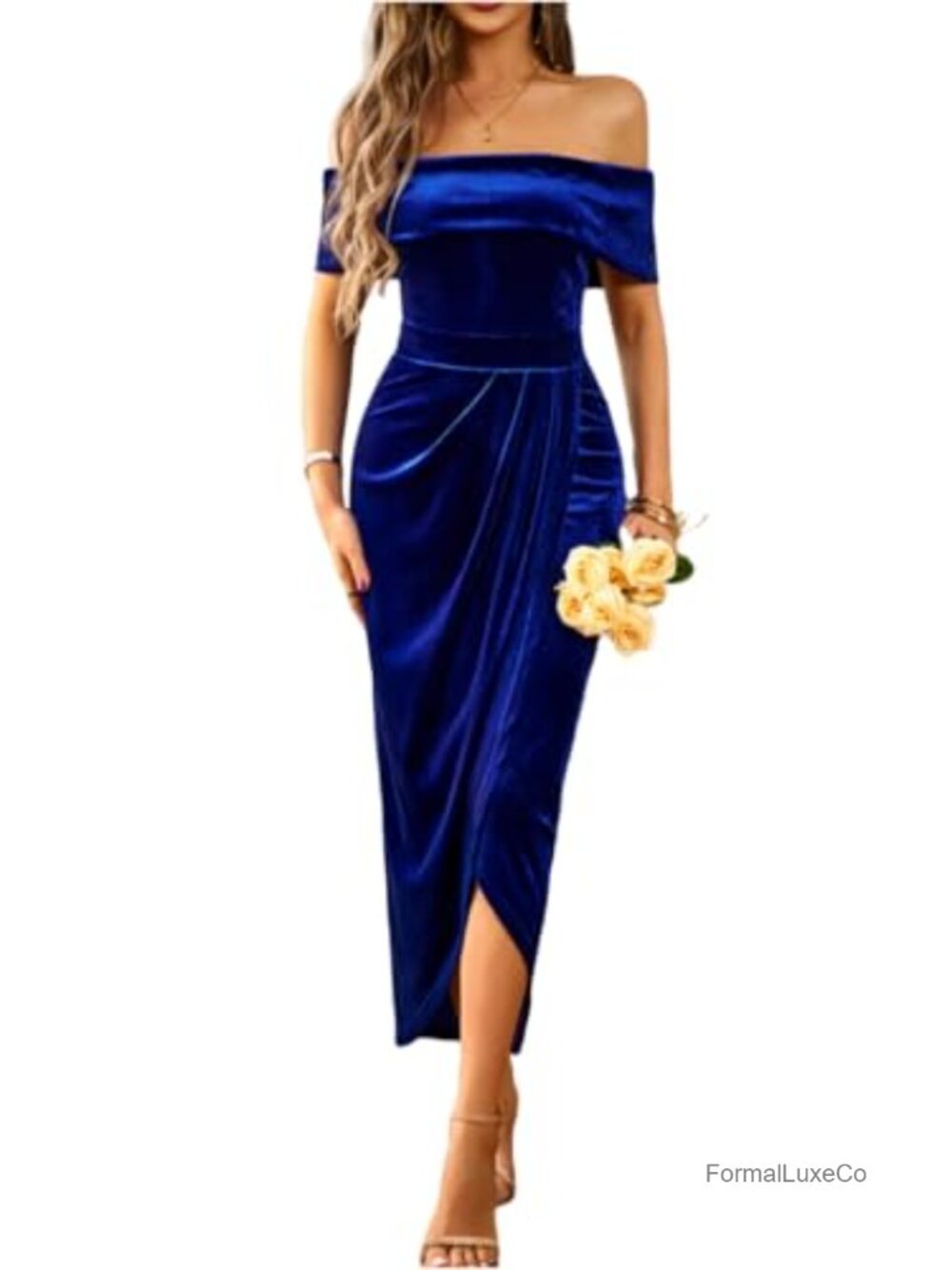 Velvet Off Shoulder Wrap Dress Ruched Slit Cocktail Party Midi